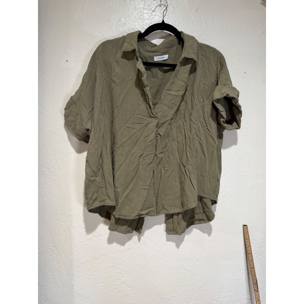 MOD REF Olive Green Linen Blend Back Button V-Neck Short Sleeve Blouse Large